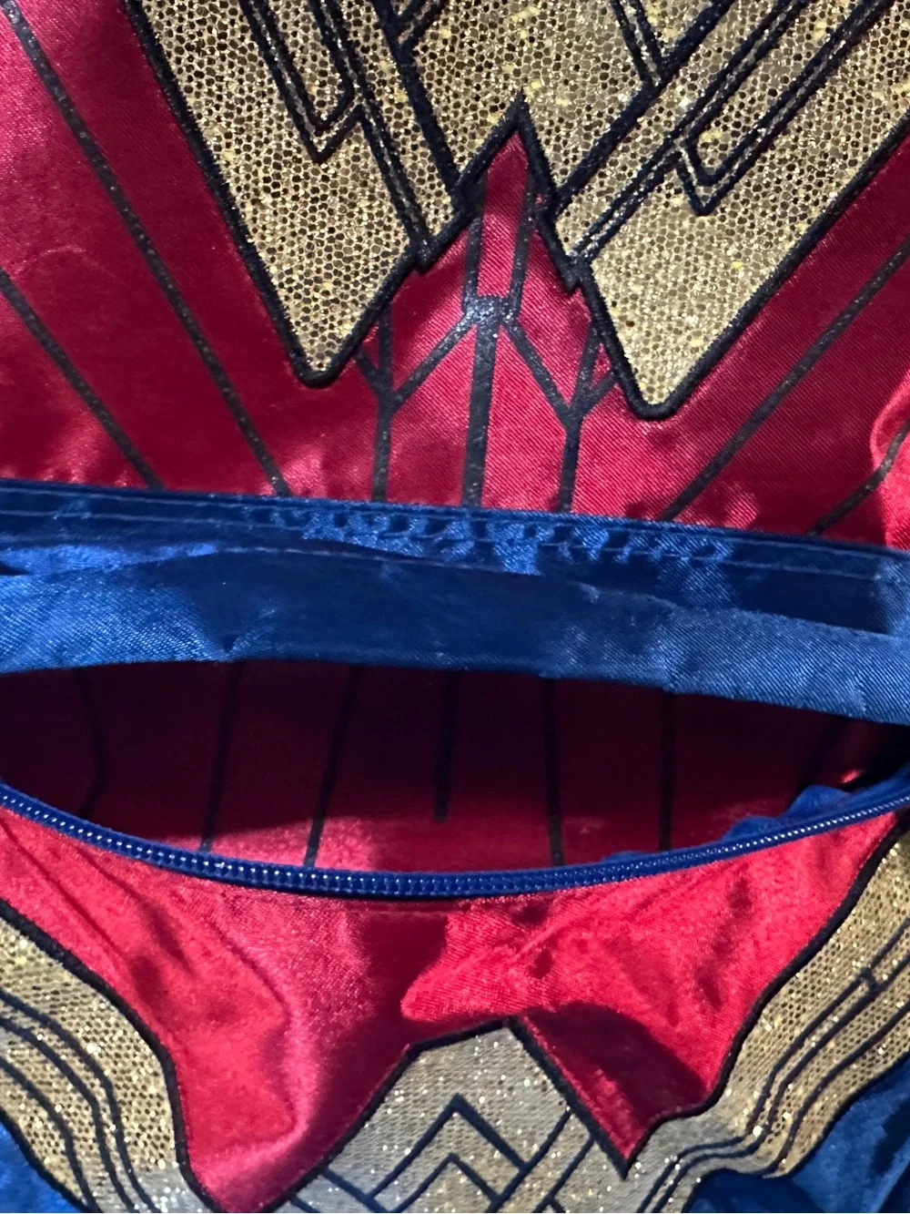 DC Comics Wonder Woman Super Hero Red & Blue Glitter Logo Backpack Adj Straps